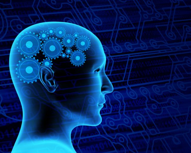Digital intelligence A person's head with inner workings and digitised background