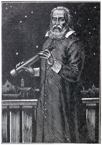 Galileo Galilei Galileo Galilei portrait, holding telescope with a starry sky